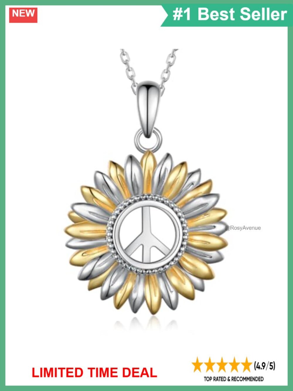 925 Sterling Silver Gold Plated Sunflower Peace Sign Pendant Necklace